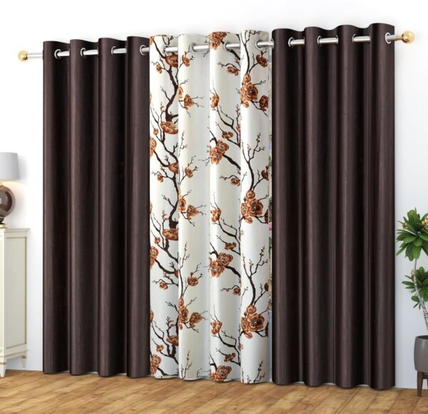 Yarnis Coffee Brown Eyelet Curtains: Light-Filtering Polyester Combo Pack of 3