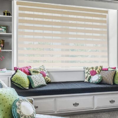 Zebra Blinds for Windows: Dual Layer Roller Shades in Mushroom Color