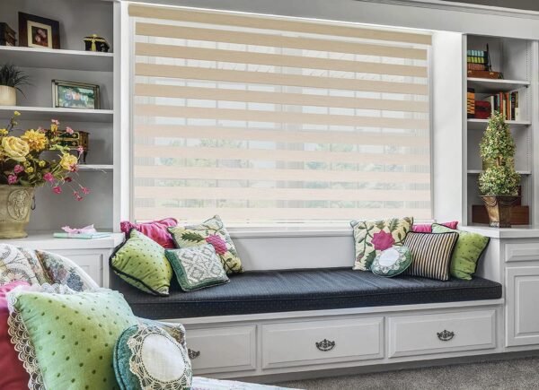 Zebra Blinds for Windows: Dual Layer Roller Shades in Mushroom Color