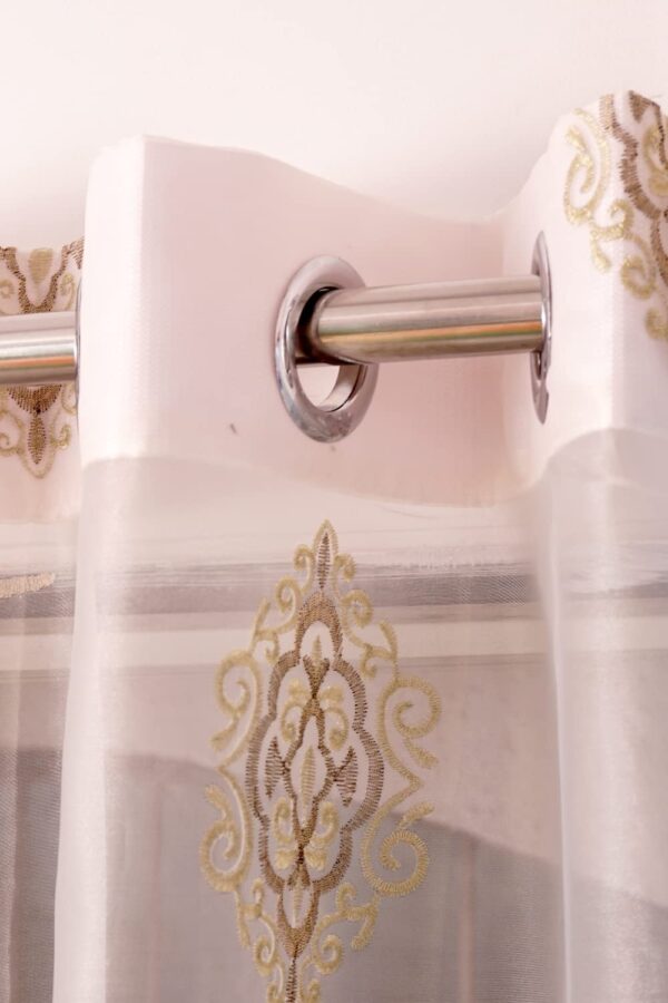 Elegant 7 Ft Sheer Tissue Grommet Curtains with Embroidery in Golden & Brown - Image 3