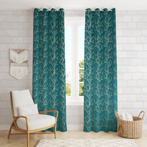 Aqua Blue Foil Leaf Printed Grommet Curtains for Living Room & Office - Image 2