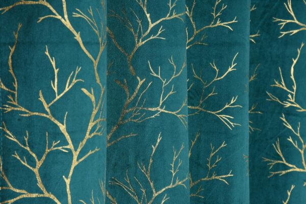 Aqua Blue Foil Leaf Printed Grommet Curtains for Living Room & Office - Image 3