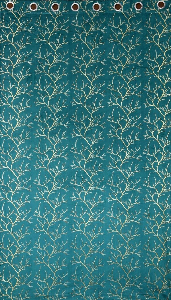 Aqua Blue Foil Leaf Printed Grommet Curtains for Living Room & Office - Image 4