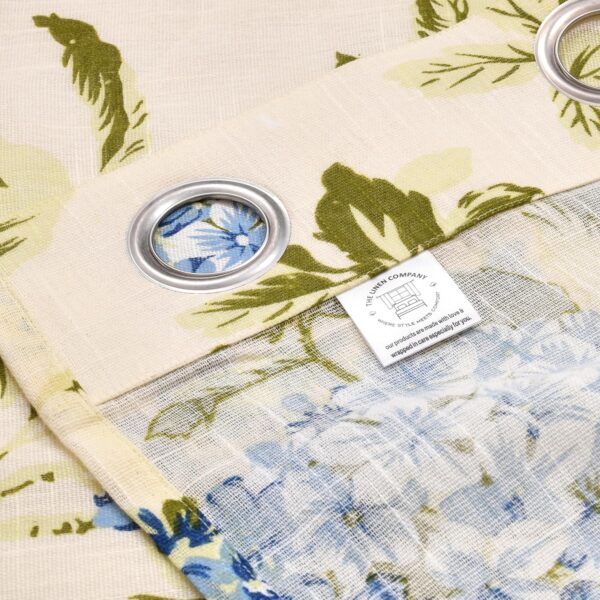 Cotton Linen Floral Sheer Curtains with Steel Eyelet Rings - Blue Set - Image 3