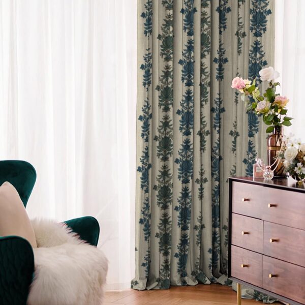 Desi Floral Ocean Blue Satin Curtains: Room Darkening Set of 2 - Image 3