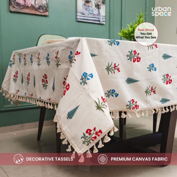 Boho Tassel Cotton Table Cover for 4 Seater Dining - High Garden Red - Image 3