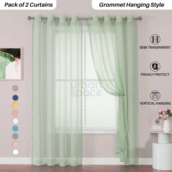 Mint Green Sheer Curtains with Pom Poms for Stylish Room Darkening - Image 2