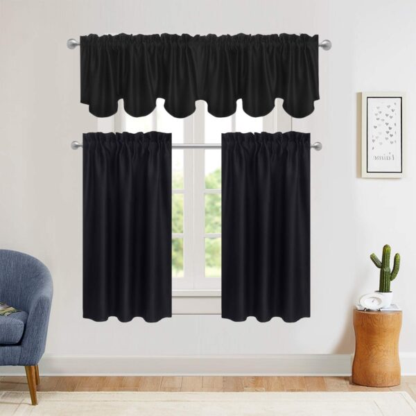 Aquazolax Blackout Scalloped Valance Curtains - Stylish 52x18 Inch Black Design - Image 2