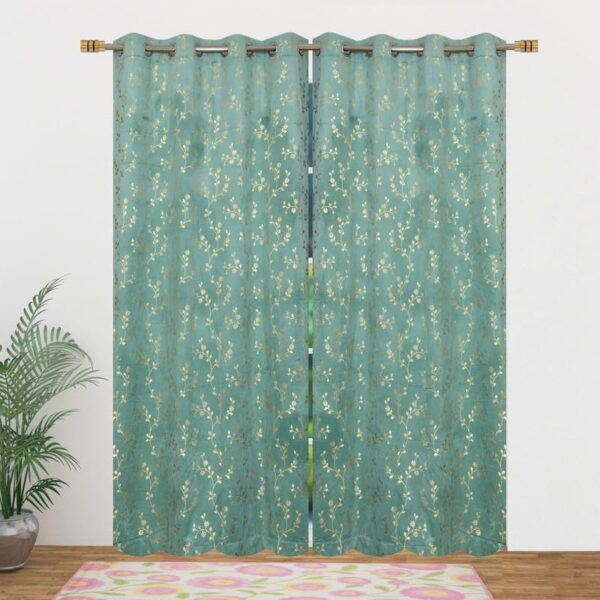 Luxury Aqua Floral Velvet Curtains for Room Darkening - 9 Feet, Pack of 2 - Image 2