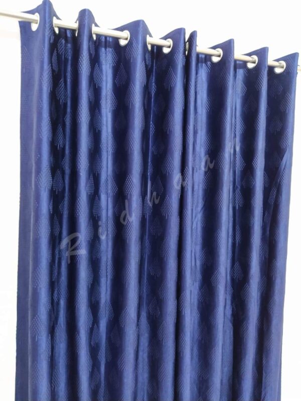 Stylish Blue Long Crush Curtains with Pine Tree Design and Golden Tie Back - Image 5