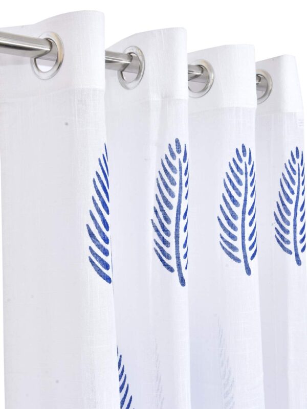 Cotton Linen Blue Leaf Sheer Curtain Set with Eyelet Rings for Windows - Image 2