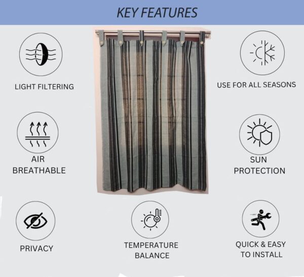 Stylish Grey Black Multi Striped Cotton Curtains - Easy Install Tab Top Set - Image 6