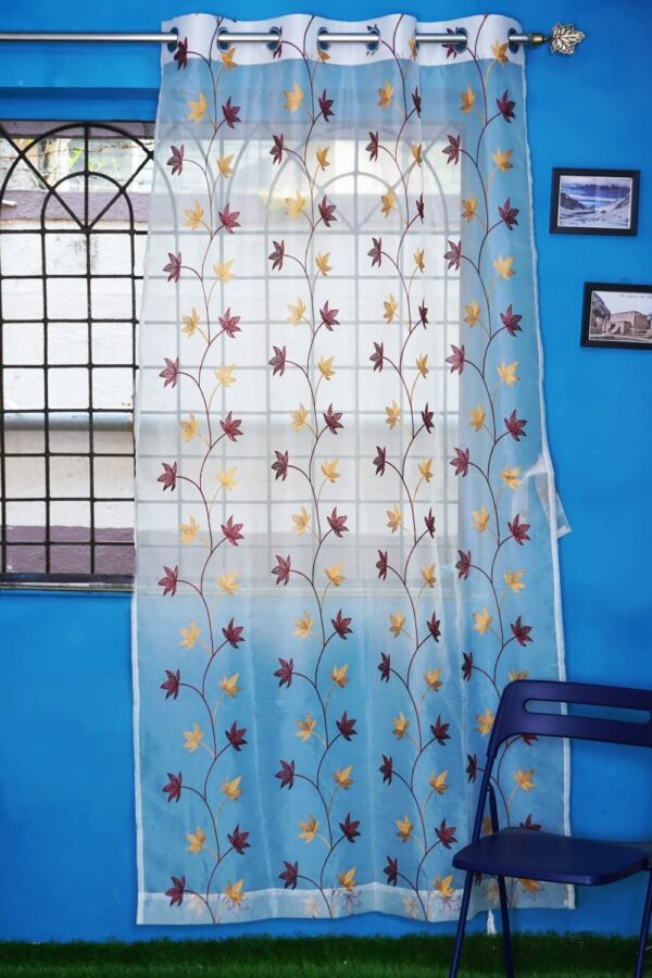 Elegant Maroon & Yellow Leaf Design Eyelet Curtain Set for Home Decor - Image 2