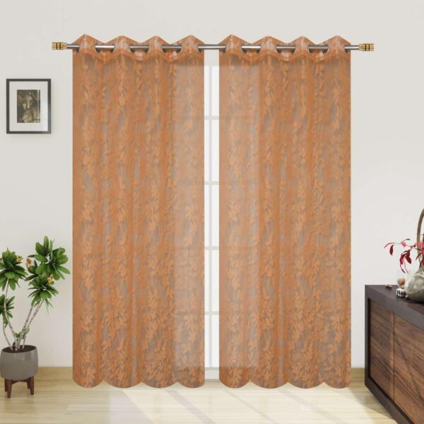 Stylish B'Decorlish Brown Floral Net Curtains for 4x7 Feet Doors - Pack of 2 - Image 3