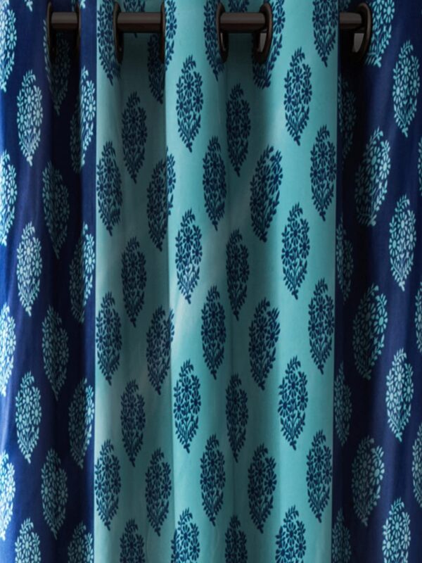 Elegant Blue Flower Damask Eyelet Polyester Door Curtain - 7 Feet Long - Image 2