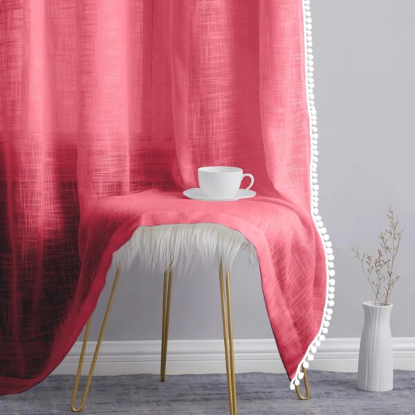 Elegant Pink Linen Textured Sheer Curtain for Long Doors with Pom Pom Trim - Image 2