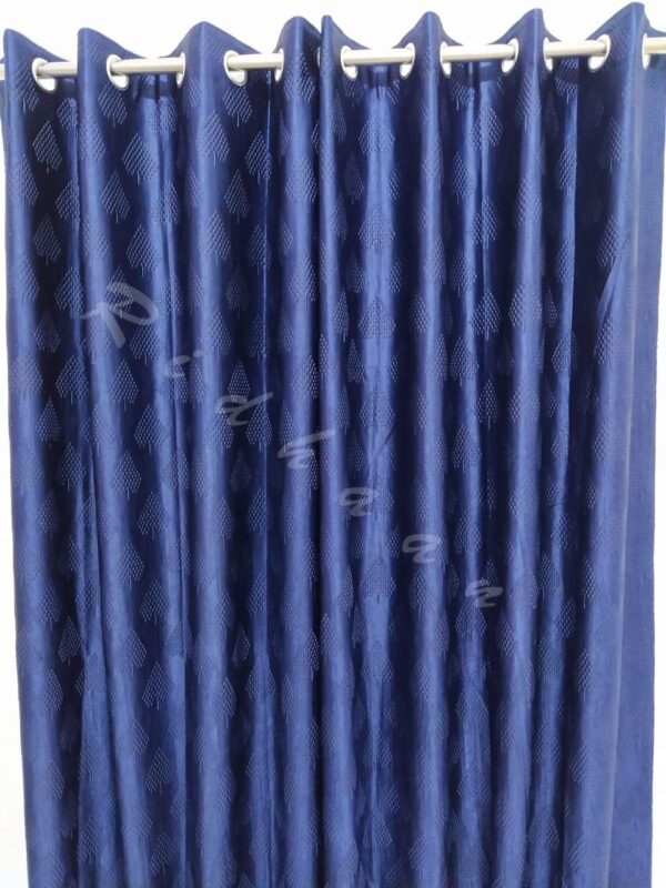 Stylish Blue Long Crush Curtains with Pine Tree Design and Golden Tie Back - Image 3