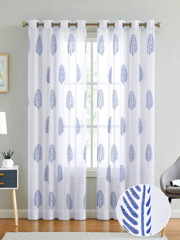 Cotton Linen Blue Leaf Sheer Curtain Set with Eyelet Rings for Windows - Image 7