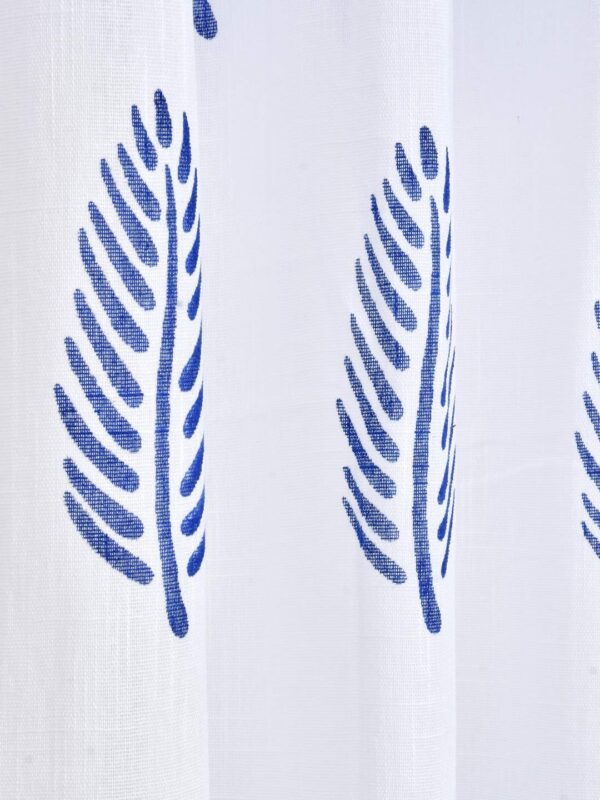 Cotton Linen Blue Leaf Sheer Curtain Set with Eyelet Rings for Windows - Image 3