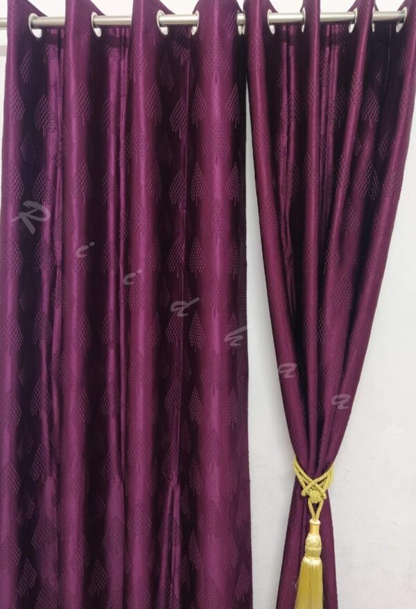 Elegant Purple Long Crush Curtains with Pine Tree Design and Tie Back Set - Image 2