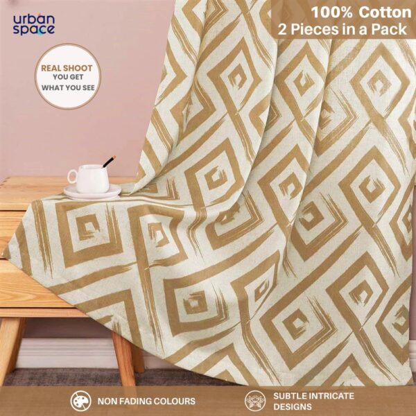 Geometric 100% Cotton Curtains for Bedrooms - Light-Filtering Beige Pack of 2 - Image 3