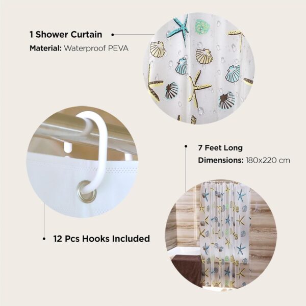 UMAI 7 Feet Waterproof PEVA Shower Curtain with Sea Shell Print and Hooks - Image 3