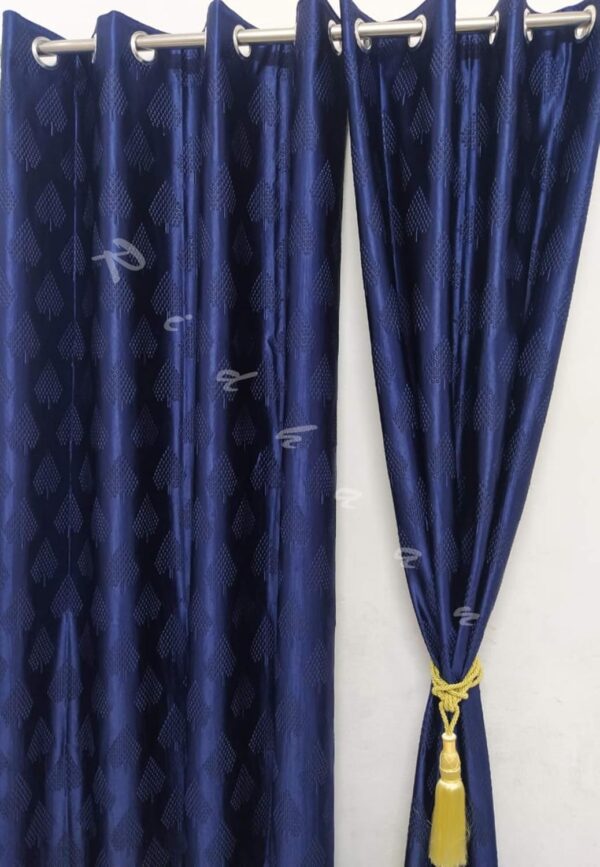 Stylish Blue Long Crush Curtains with Pine Tree Design and Golden Tie Back - Image 2