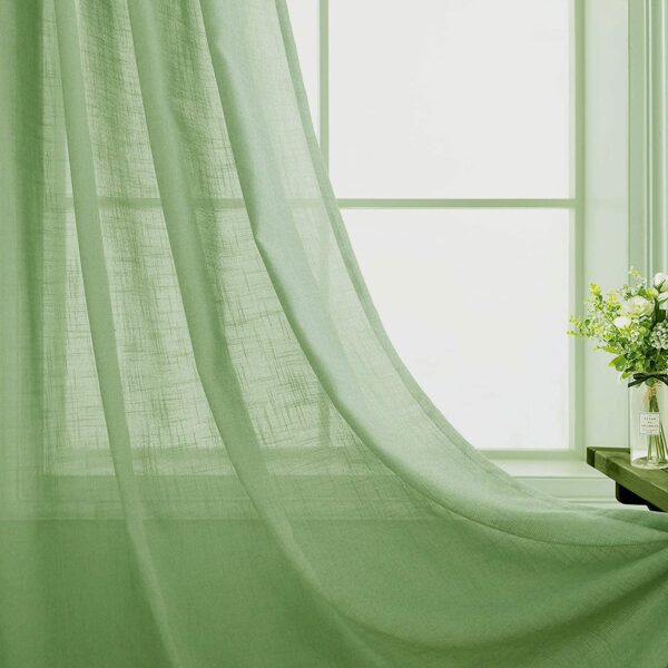 Cotton Linen Sheer Grommet Curtains Set - Sage Color, 4.5x7.5 Ft - Image 4