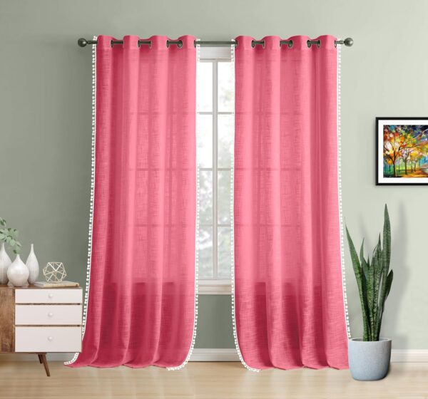 Elegant Pink Linen Textured Sheer Curtain for Long Doors with Pom Pom Trim - Image 3