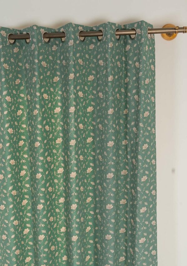 Eden Aqua Blue Floral Door Curtain - 100% Cotton for Darkening Rooms - Image 2