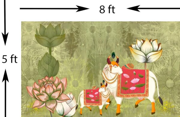 Traditional Cow & Lotus Pichwai Backdrop Cloth for Pooja Decoration 5x8 Feet - Image 2