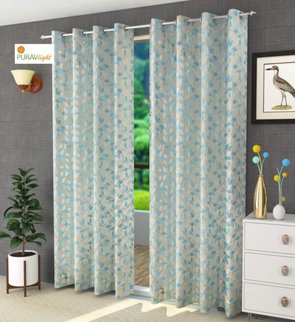 Elevate Your Space with Aqua Jacquard Room Darkening Jute Curtains Set of 3 - Image 4