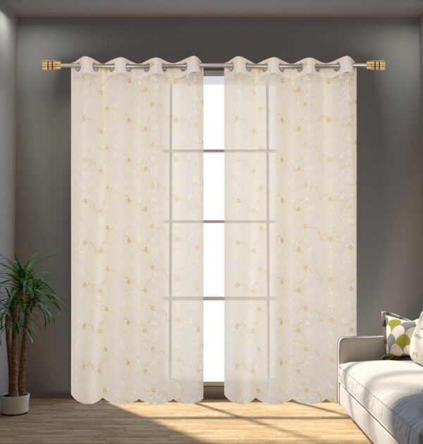 Elegant Cream Floral Embroidery Sheer Curtains for Doors, Set of 2 - Image 3