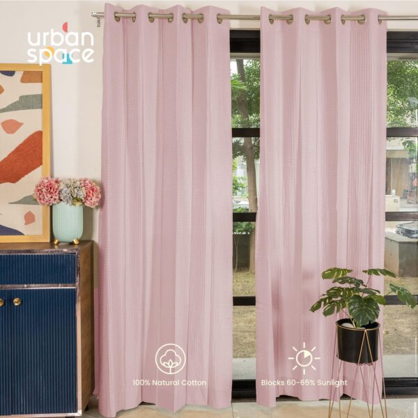 Blush Pink 100% Cotton Waffle Weave Curtains - 8 Ft Room Darkening Set - Image 3