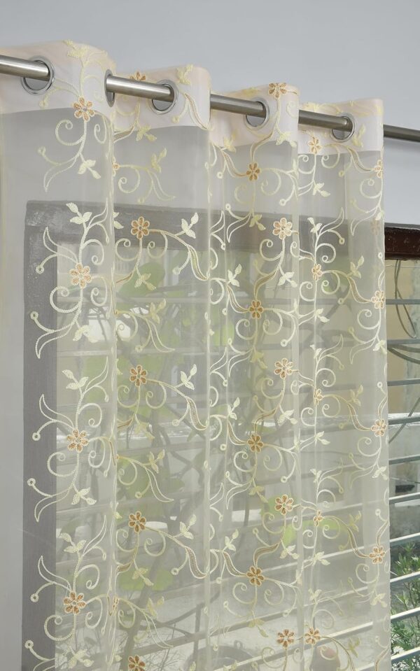 Elegant Cream Floral Embroidery Sheer Curtains for Doors, Set of 2 - Image 2