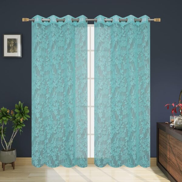 Elegant Aqua Flower Curtains for Doors - 7 Feet Semi-Sheer, Pack of 2 - Image 2