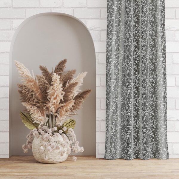 Premium Grey Room Darkening Curtains with Camrin Leaves Design - Pack of 2 - Image 3