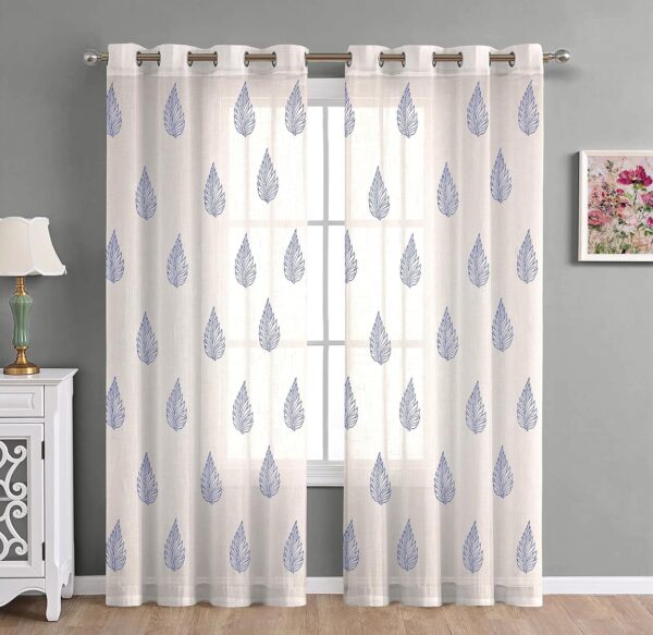 Stylish Cotton Linen Door Curtains with Steel Eyelet Rings - New Blue Leaf - Image 8