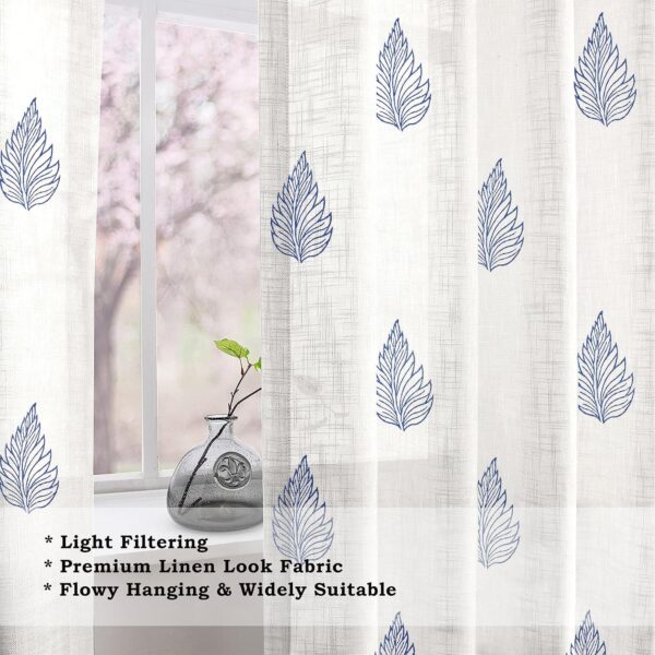 Stylish Cotton Linen Door Curtains with Steel Eyelet Rings - New Blue Leaf - Image 3