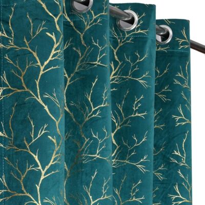 Aqua Blue Foil Leaf Printed Grommet Curtains for Living Room & Office