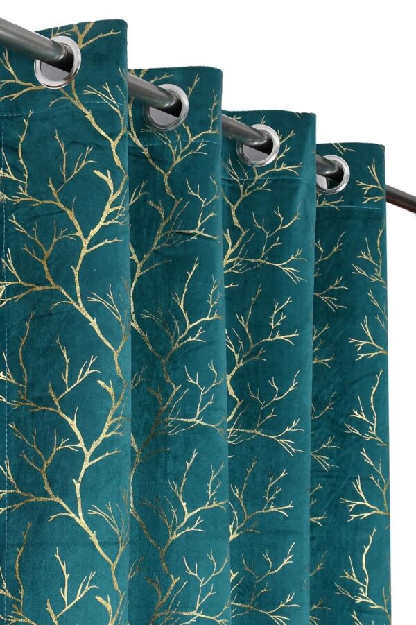 Aqua Blue Foil Leaf Printed Grommet Curtains for Living Room & Office