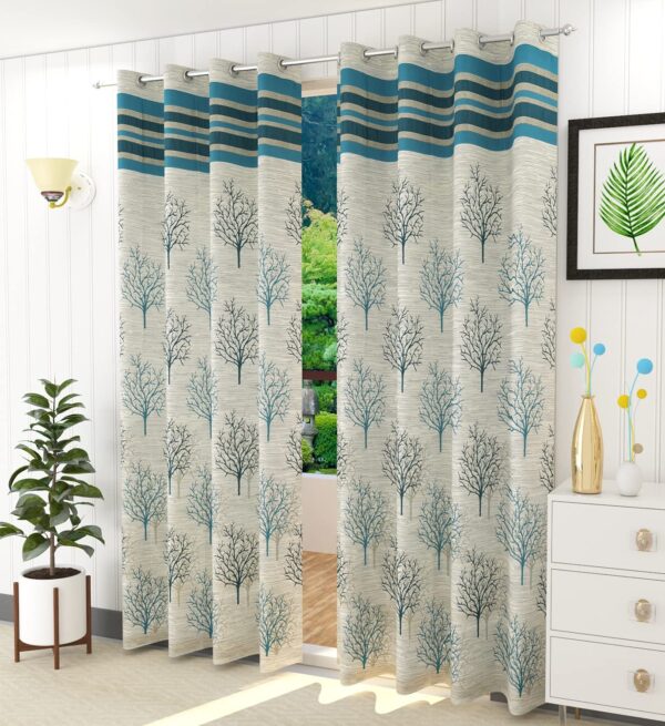 Aqua Floral Room Darkening Curtains - 7 Feet Premium Jacquard Jute Design