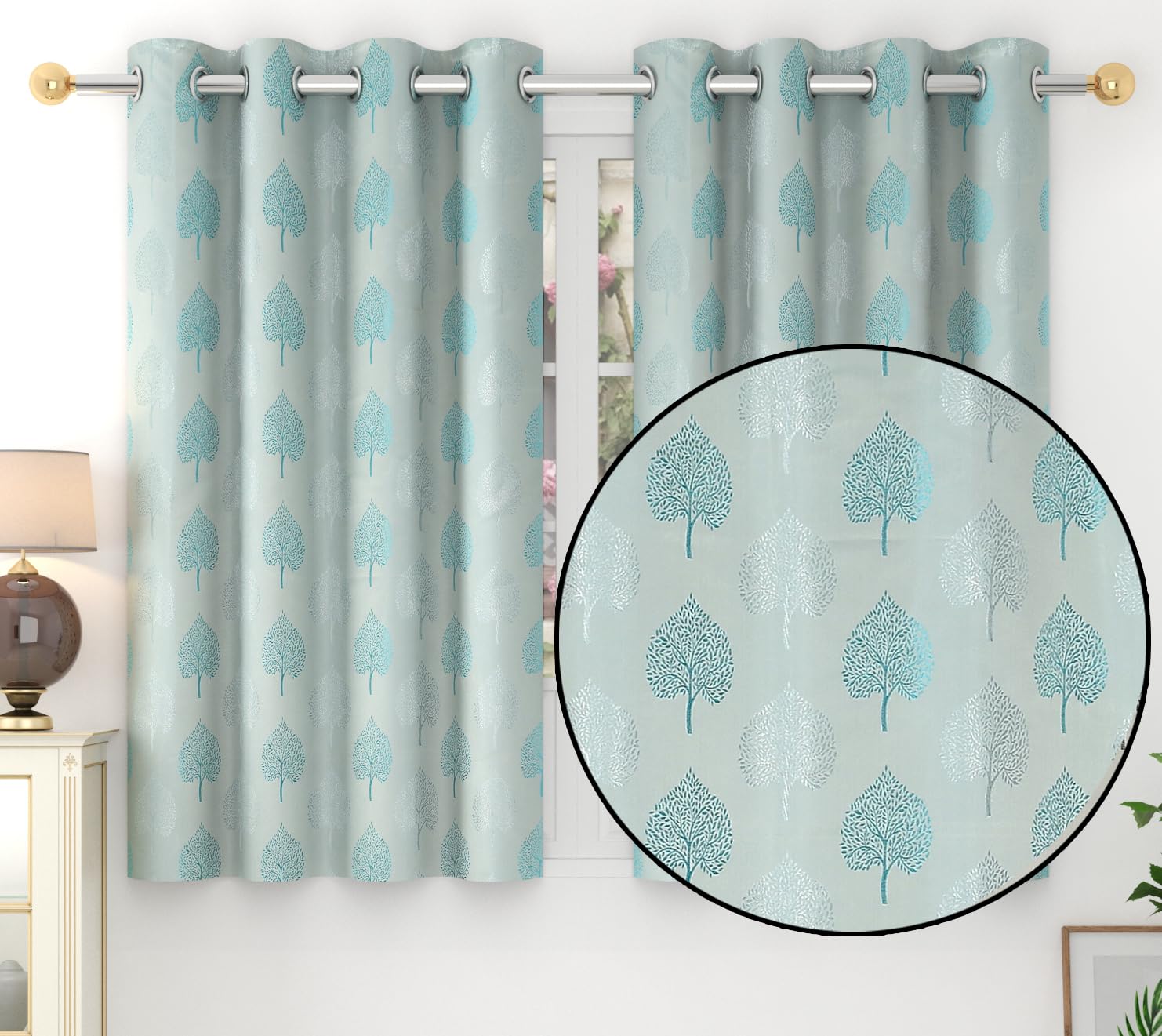 Stylish Aqua Semi Blackout Curtains: Betel Leaf Design for Chic Home Decor