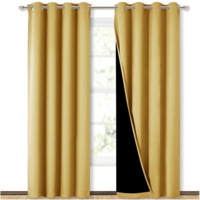 BFAM 100% Blackout Curtain for Bedroom – Soundproof, Double Layer, Yellow