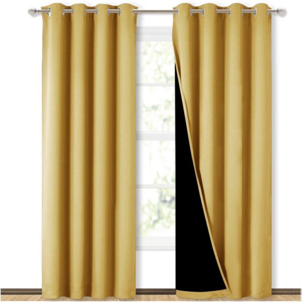 BFAM 100% Blackout Curtain for Bedroom - Soundproof, Double Layer, Yellow