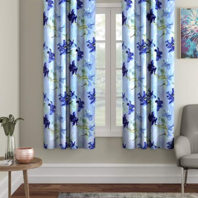 Blue 3D Flower Eyelet Polyester Curtains – Elegant Home Decor Upgrade