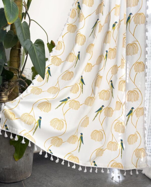 Bohemian Tasseled Parrot Print Cotton Curtains - Room Darkening Window Decor