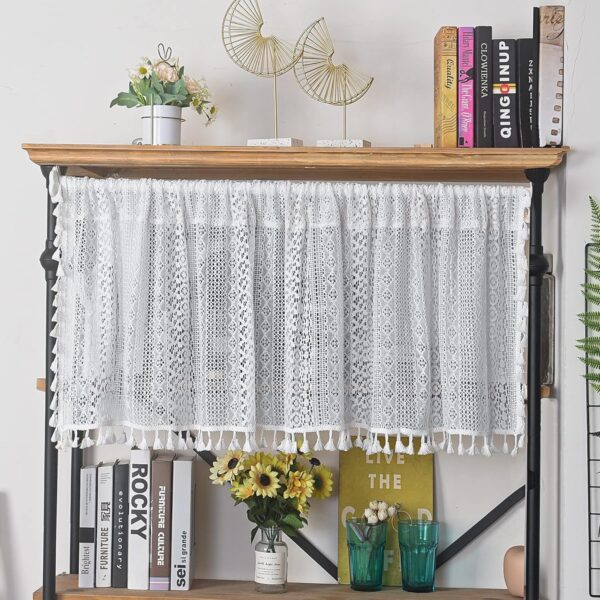 Boho Sheer Curtain Valance: Crochet Lace with Handmade Tassels for Farmhouse Style