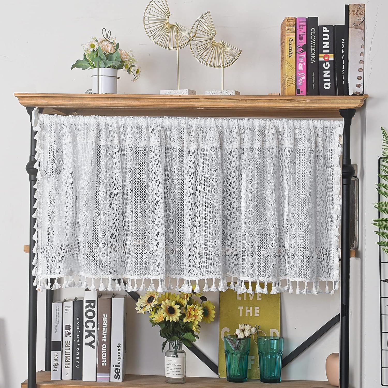 Boho Sheer Curtain Valance: Stylish Crochet Lace with Handmade Tassels