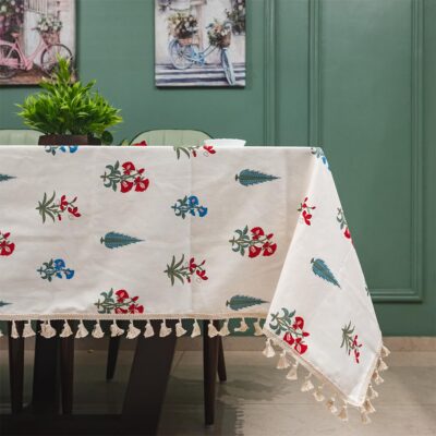 Boho Tassel Cotton Table Cover for 4 Seater Dining – High Garden Red